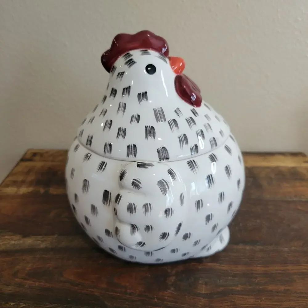 Farmhouse Ceramic Chicken Lidded Bowl Brushstroke Pattern